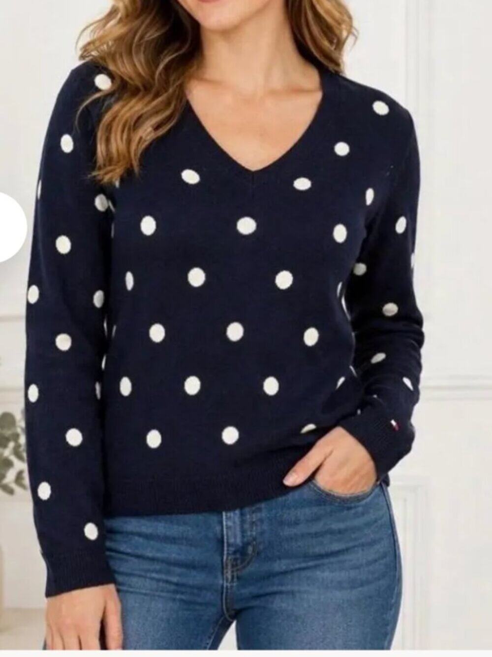 Tommy Hilfiger Navy Blue White Polka Dot V-Neck Cotton Sweater Preppy, Coastal